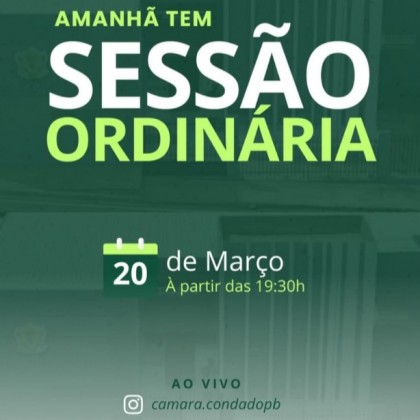 Sess�o ordin�ria da c�mara de Condado-PB ser� realizada nesta sexta-feira, dia 20 de Mar�o