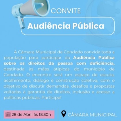 C�mara de Condado-PB realiza nesta ter�a-feira (28) audi�ncia p�blica sobre os direitos das pessoas com defici�ncia