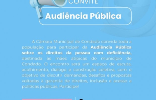 C�mara de Condado-PB realiza nesta ter�a-feira (28) audi�ncia p�blica sobre os direitos das pessoas com defici�ncia